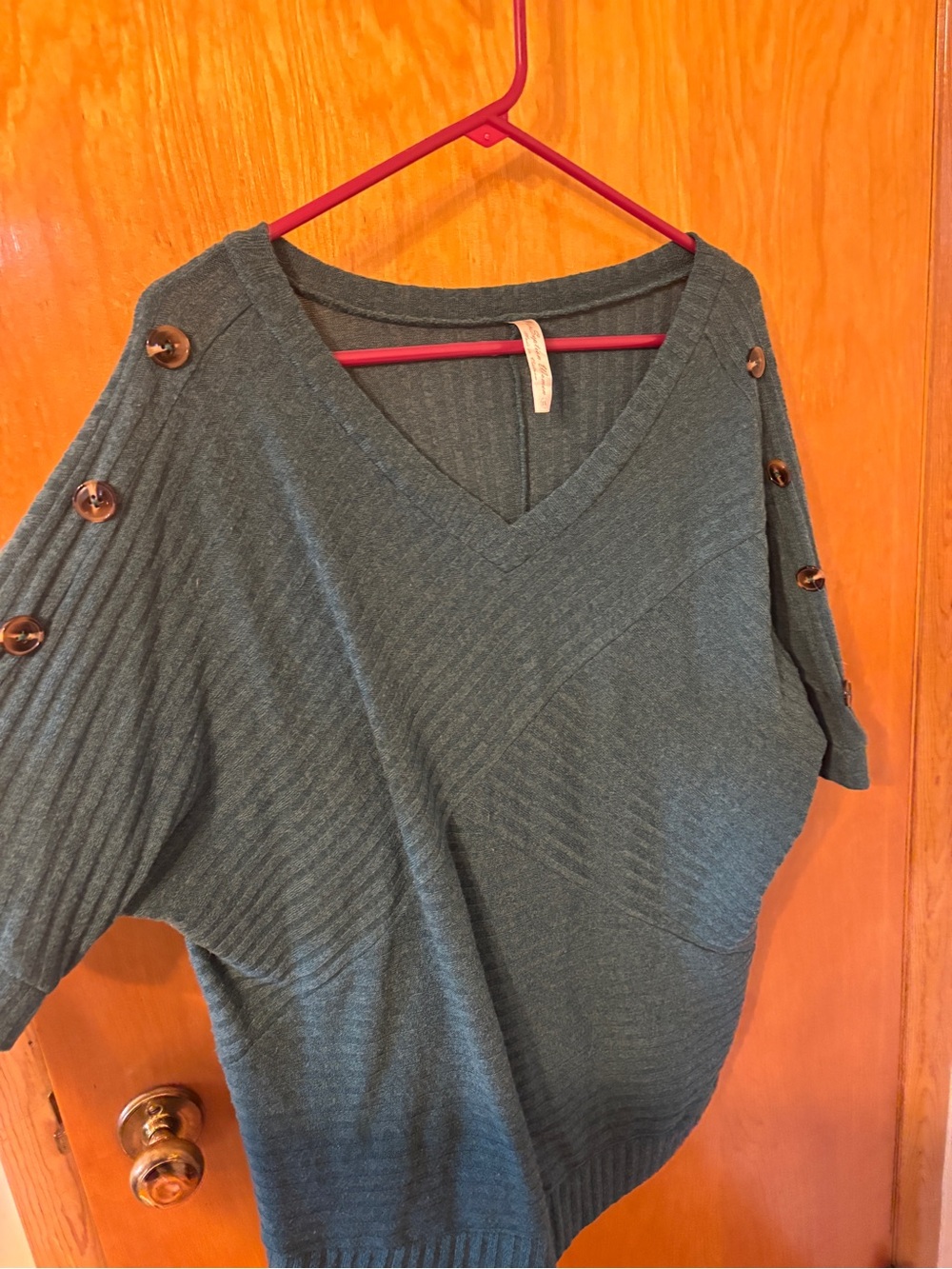 Perseption Teal Ribbed V-Neck Knit Top